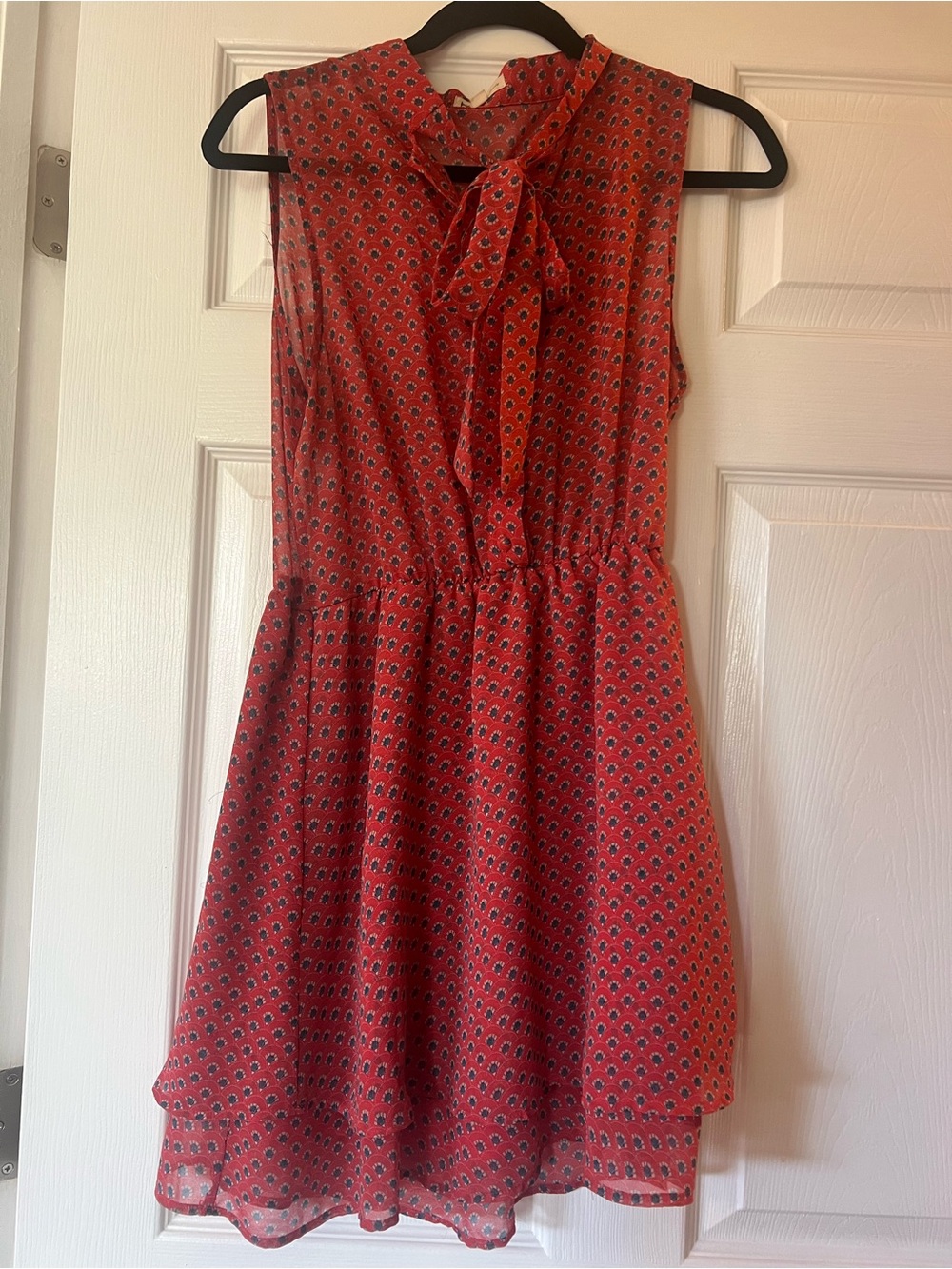 Cotton Candy Red Sleeveless Tie-Neck Print Dress